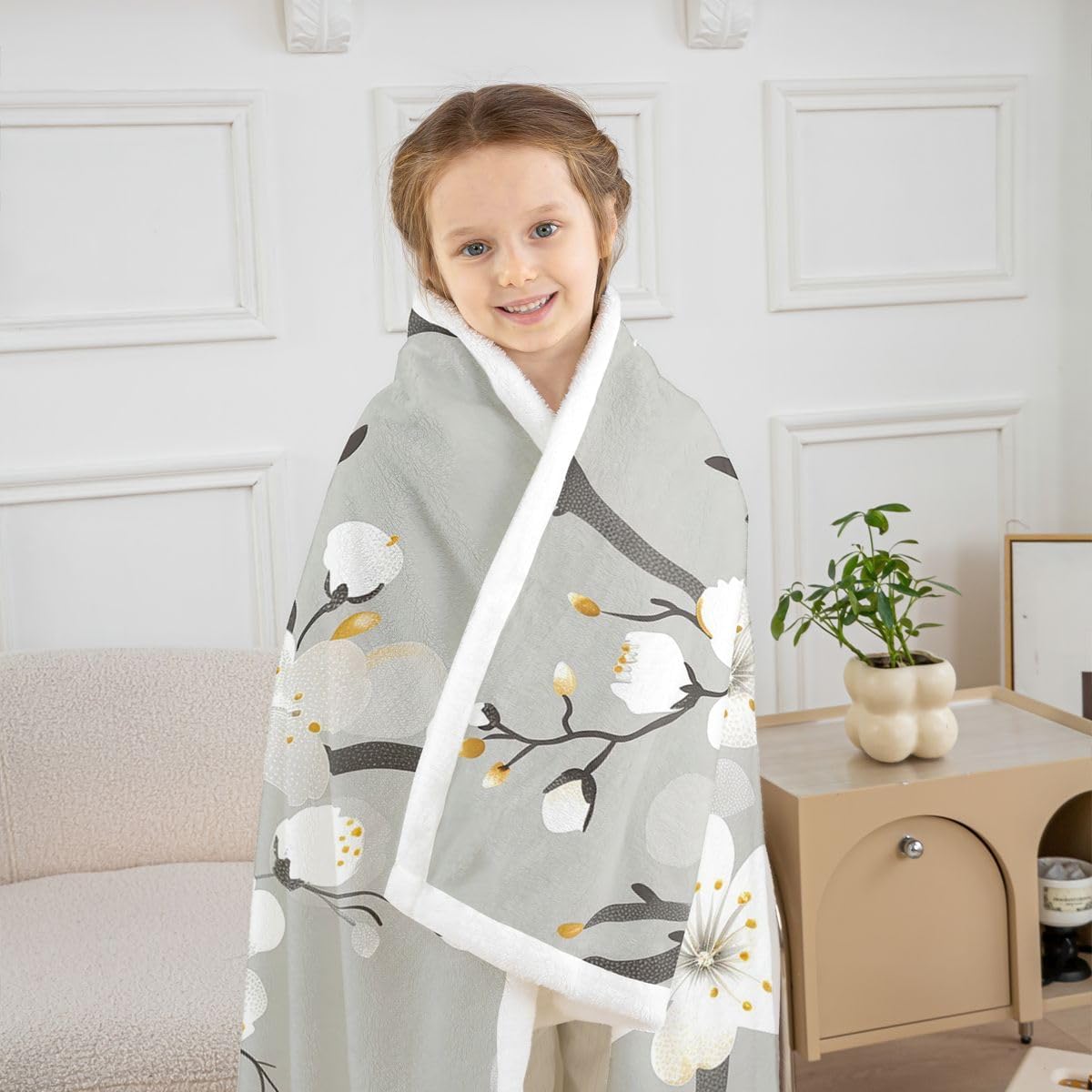 Feelyou Vintage Flowers Sherpa Throw Blanket for Couch Grey Boho Floral Super Soft Cozy Fleece Boho Blanket for Winter, Plush Throw Baby 30"x40" All Season