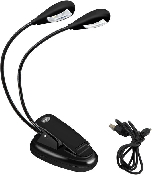 LED Book Light, Portable Music Stand Lights, Dual Head, 4-Level Brightness, USB Cord Included, Daylight White, Clip Light, Task Lighting