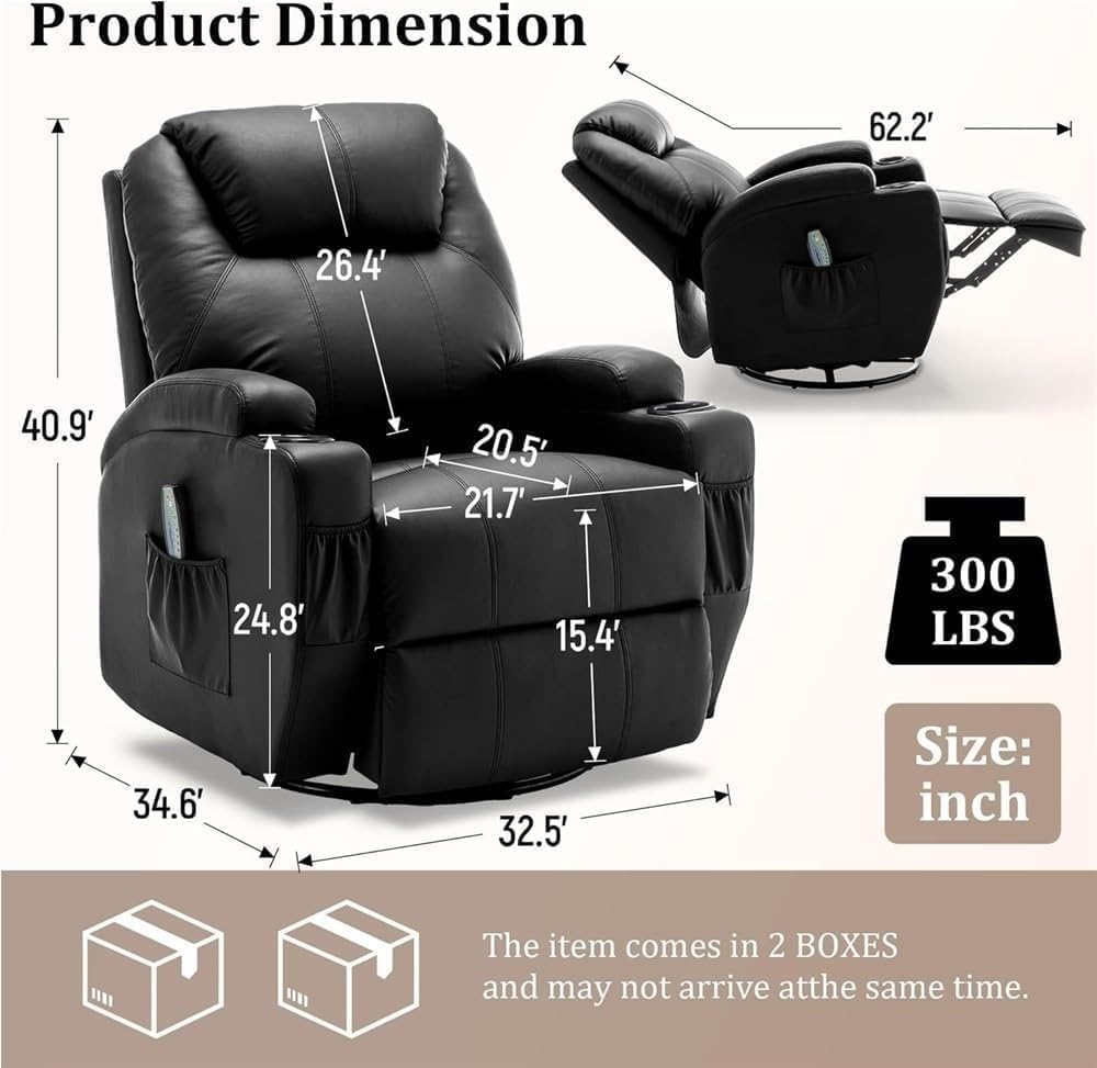 Electric Power Recliner Chair with Massage and Heat – Overstuffed Swivel Rocker Recliner with Vibration Massage, Ultimate Relaxation Single Sofa for Living Room, Home Theater, Adult Comfort Seating