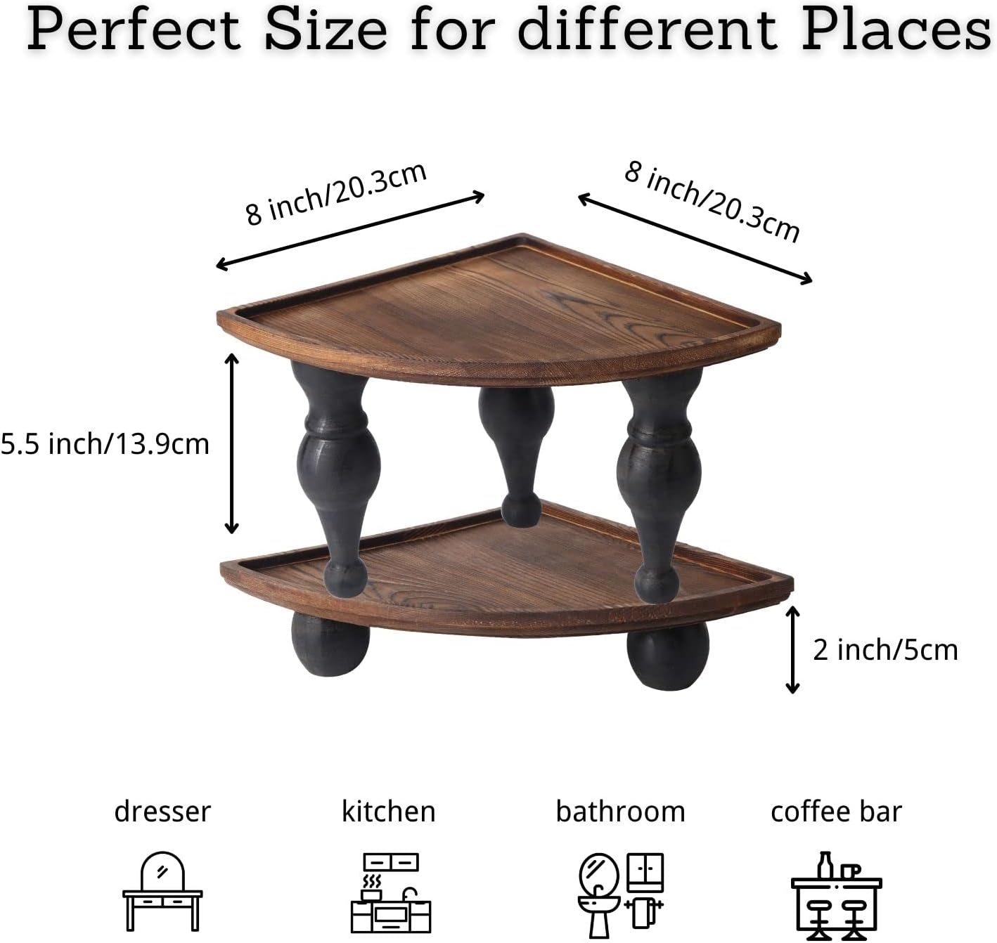 GoFika Small Corner Shelf Stand, 2 Tier Wooden Shelving Unit Black Riser, Vintage Corner Countertop Pedestal Stand Stackable Rack