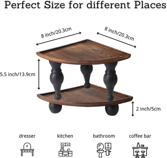 GoFika Small Corner Shelf Stand, 2 Tier Wooden Shelving Unit Black Riser, Vintage Corner Countertop Pedestal Stand Stackable Rack