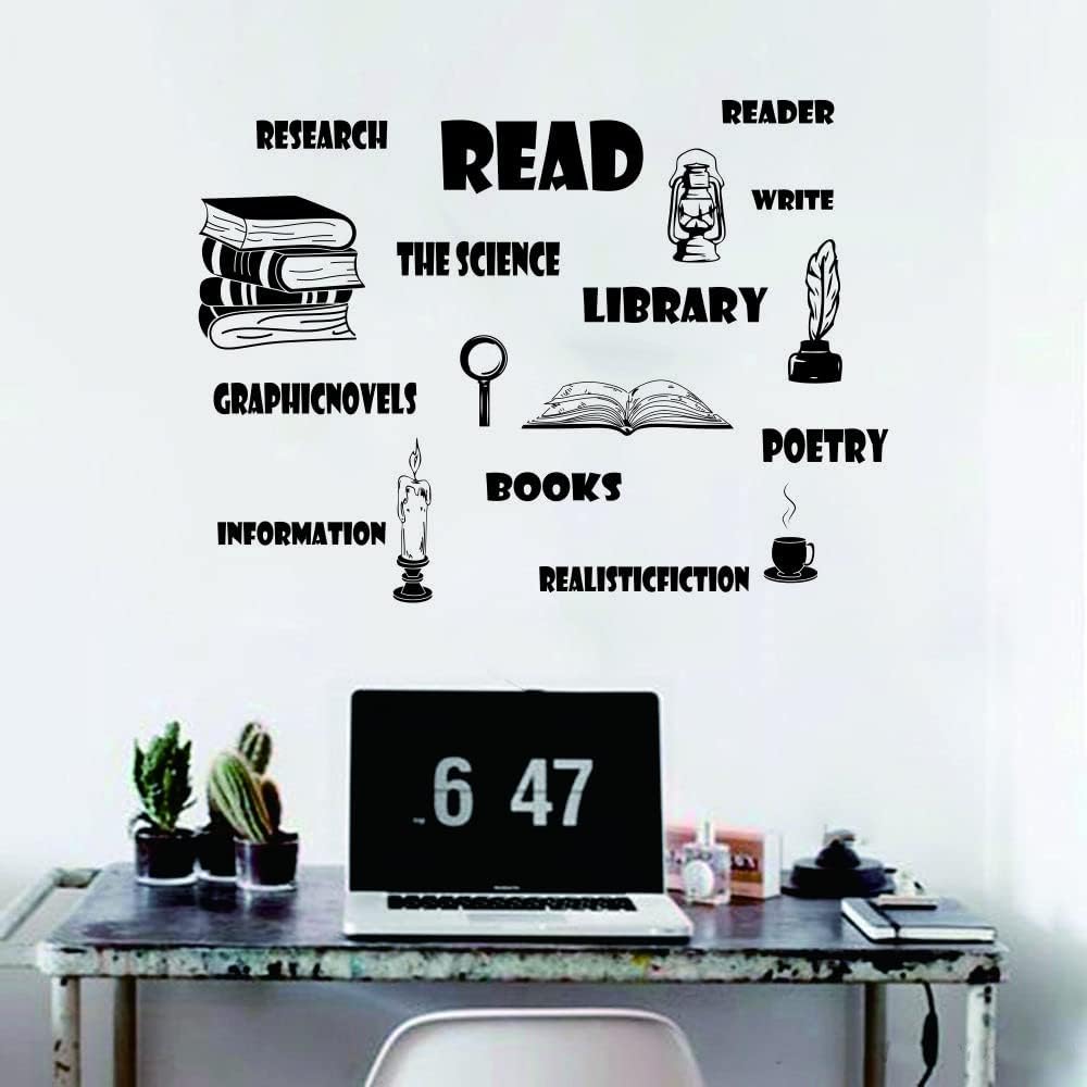 Reading & Learning Quotes Wall Sticker - PVC Removable Wall Art with Candle, Coffee, Pen & Lamp for Study, Classroom & Student Room Decor - 26"x36" Size (black-JWH275-reading)