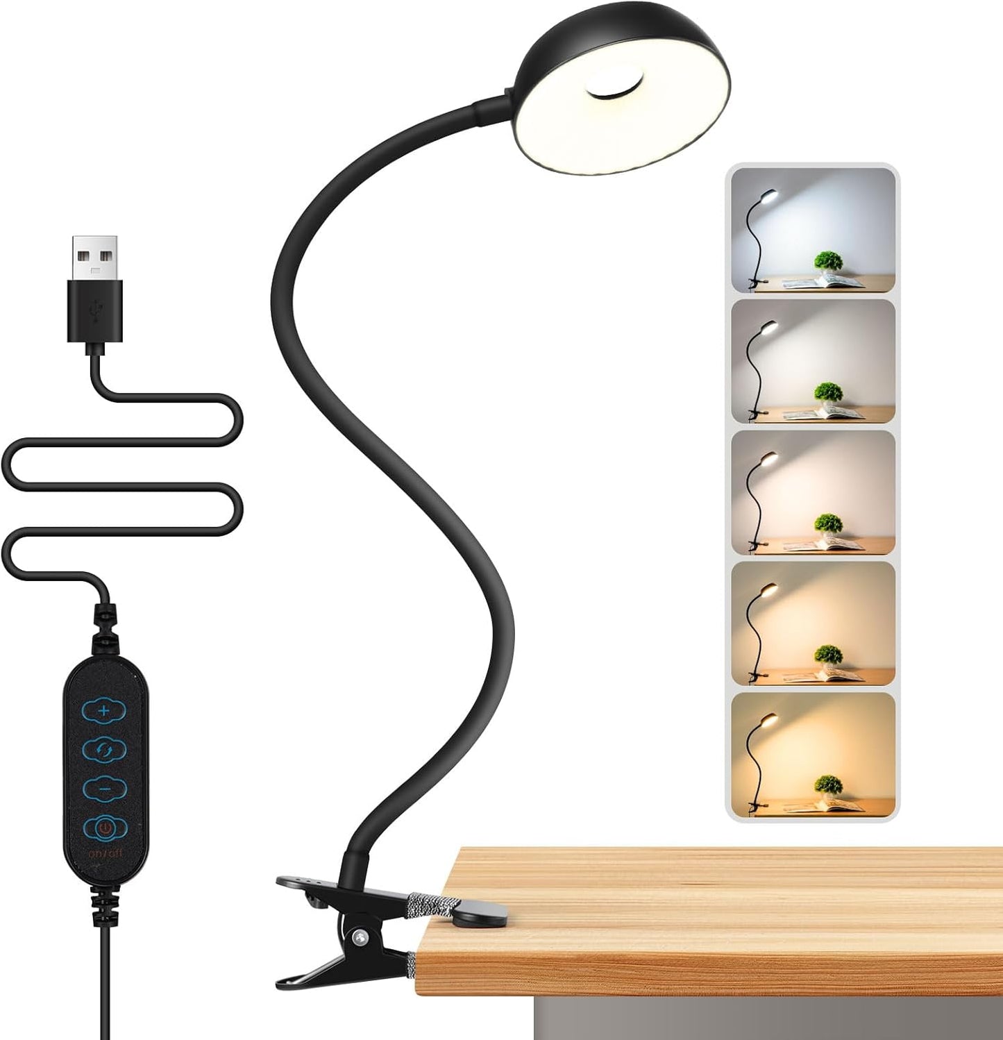 Clip on Desk Lamp 10-Level Dimming & 5 Color Modes Reading Book Light, Flexible Gooseneck Reading Light for Beds, Desks, Headboards - Eye-Friendly Night Light Clip on Light for Bed Bedside (Black)