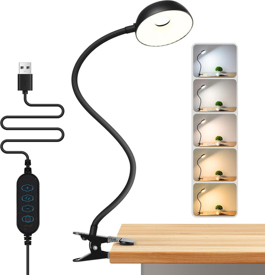 Clip on Desk Lamp 10-Level Dimming & 5 Color Modes Reading Book Light, Flexible Gooseneck Reading Light for Beds, Desks, Headboards - Eye-Friendly Night Light Clip on Light for Bed Bedside (Black)