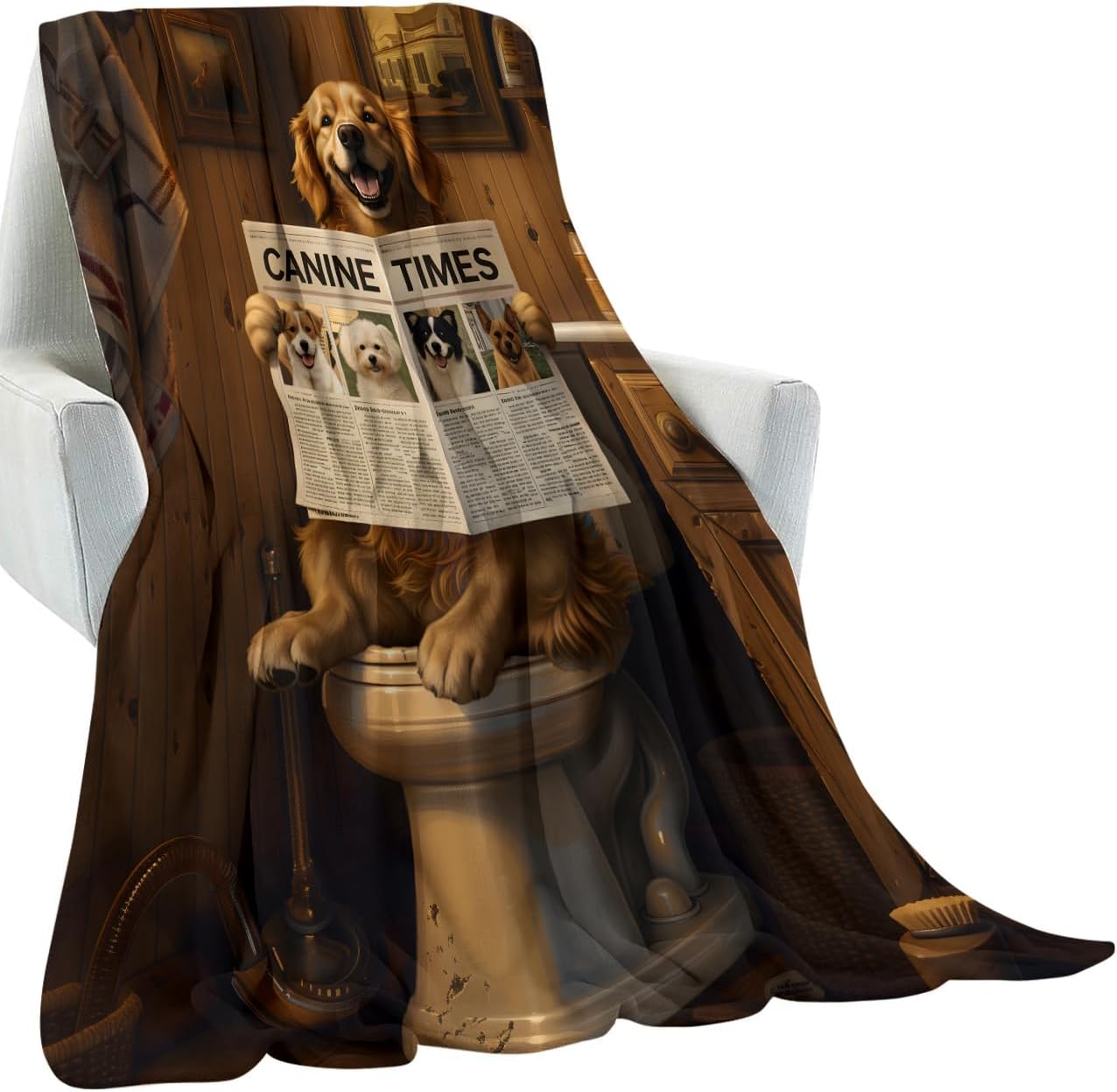 Funny Dog Reading Newspaper Blanket, Humorous Pet Bathroom Scene Illustration Lightweight Flannel Throw 50×60 for Couch Sofa, Playful Home Decor and Unique Gifts for Dog Lovers Adults Teens