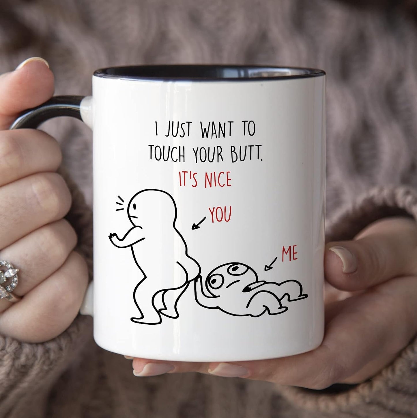 YouNique Designs I Just Want to Touch Your Butt Mug for Girlfriend and Boyfriend, 11 Ounces, Long Distance Relationship Cup, I Love You Coffee Mug for Her and Him, Anniversary Cup (Black Handle)