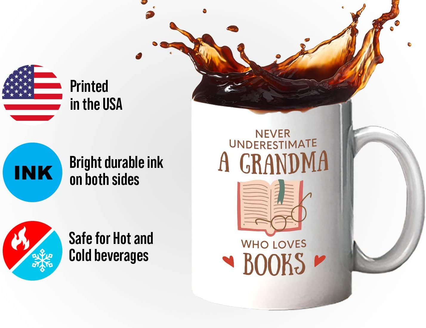 Bubble Hugs Fable Coffee Mug 11oz White - Never Underestimate Grandma - Reading Reader Old Lady Granny Book Lover Bookish Novelist Librarian Writer