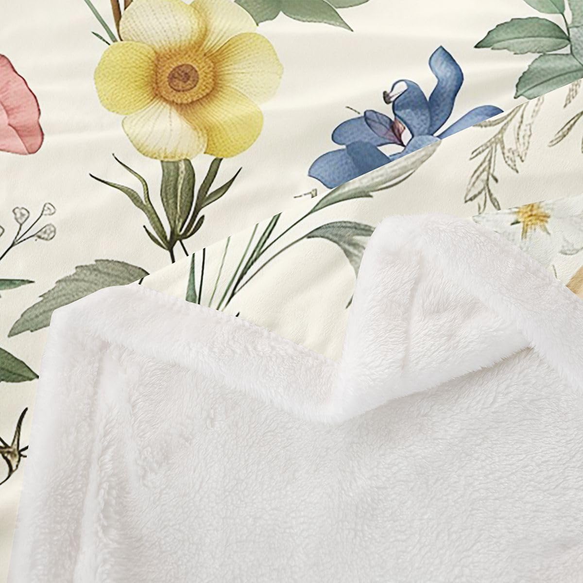 Feelyou Vintage Floral Sherpa Throw Blanket for Couch Boho Leaf Super Soft Cozy Fleece Garden Blanket for Winter, Plush Throw Throw 50"x60" All Season