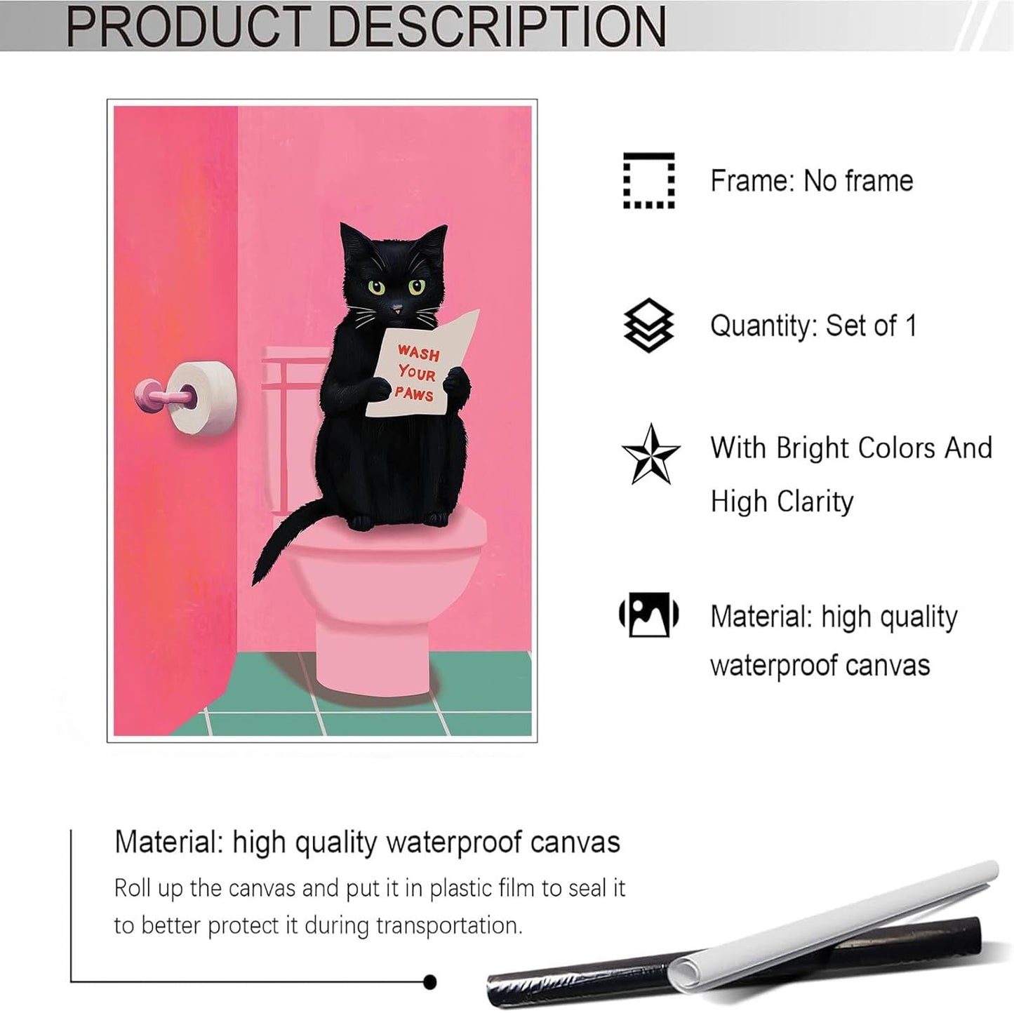 Funny Bathroom Wall Art Black Cat On Pink Toilet Reading The Newspaper Poster Cute Humorous Preppy Animal Aesthetic Prints Painting For Home Bedroom Bathroom Wall Decor 12x16in Unframed
