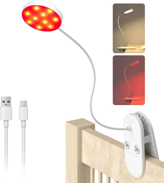 Diomart Rechargeable LED Desk Lamp, Clip on Dimmable Reading Light with Timer, Red Light Sleep Aid Bedside Lamp for Workbench, Kids, Studying, Home