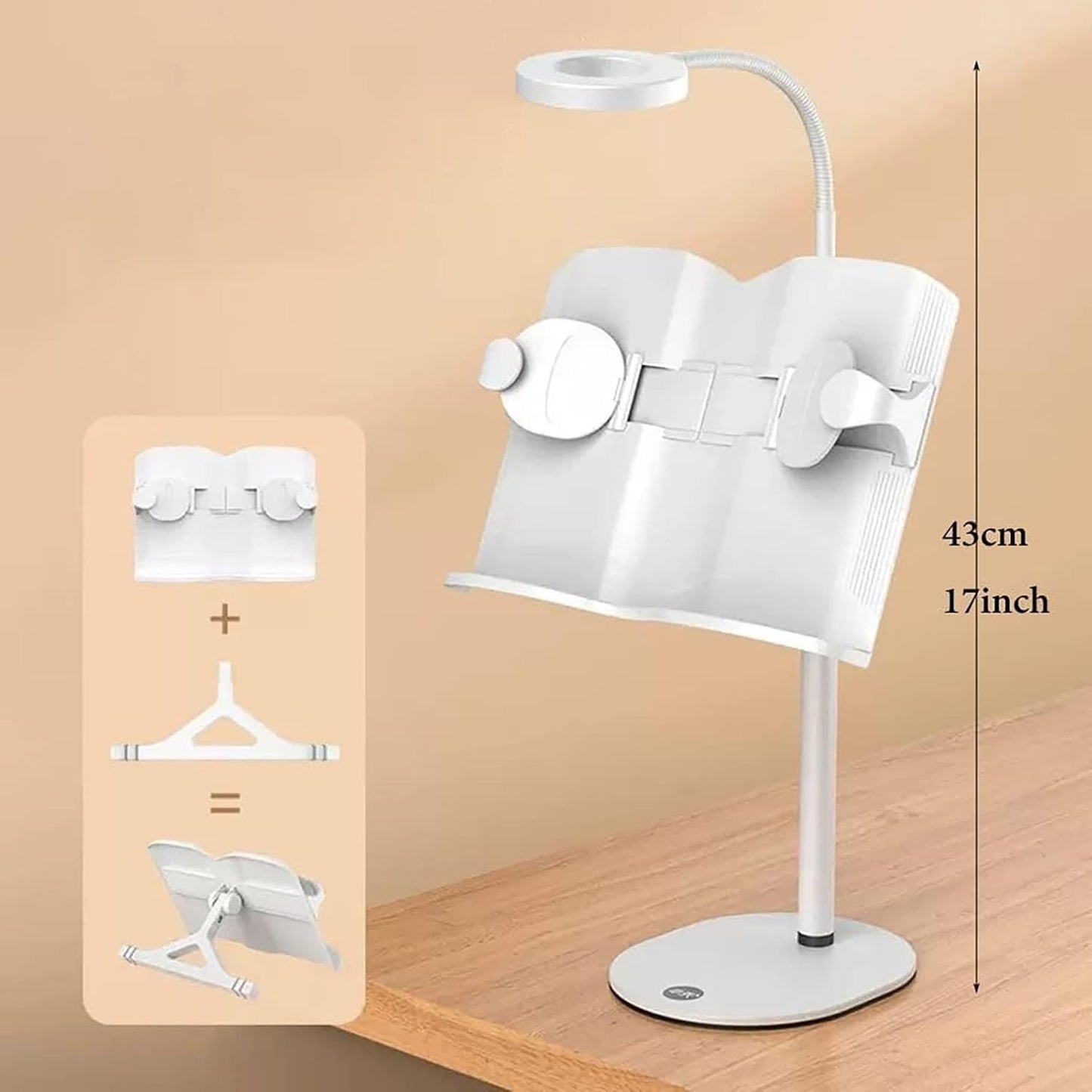 Book Stand for Reading Portable Book Holder with USB Light Adjustable Cookbook Stand for Recipe Laptops Stand for Tablet Book Holder Stand for Reading Writing
