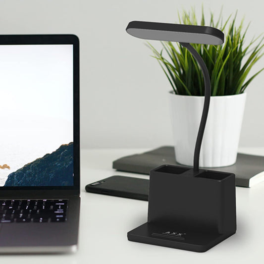 AXX Black LED Desk Lamp for Home Office Bedroom, Battery Operated Table Light for Computer Desktop, Small, Cute, Dimmable, Rechargeable, Flexible Gooseneck, Pen Holder, Phone Mount, Touch Control