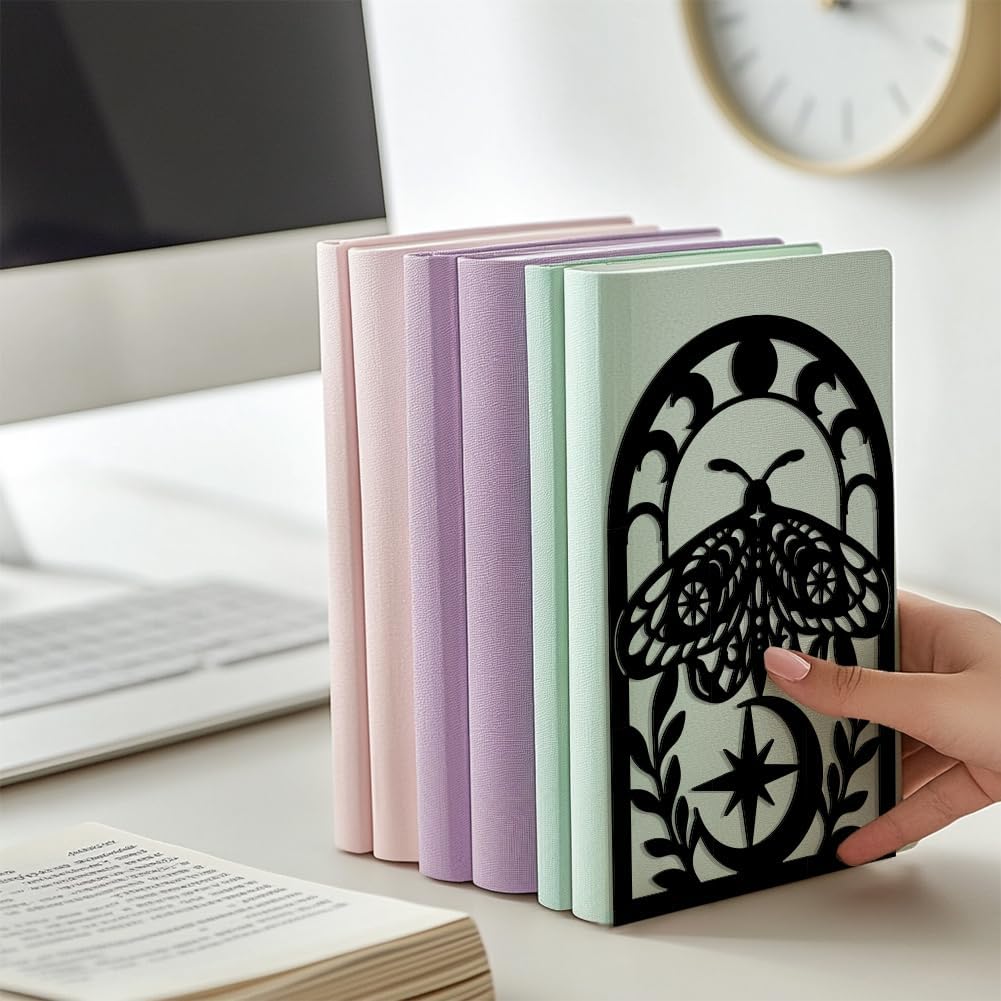 Peacoblue Metal Bookends for Shelves, Modern Decorative Heavy Duty Study Book Support Stoppers for Office, Desk, Shelf, Room 5.3"x4.3"x7.9" Cast Iron Simple Tall Bookends, 1 Pair (Moth)