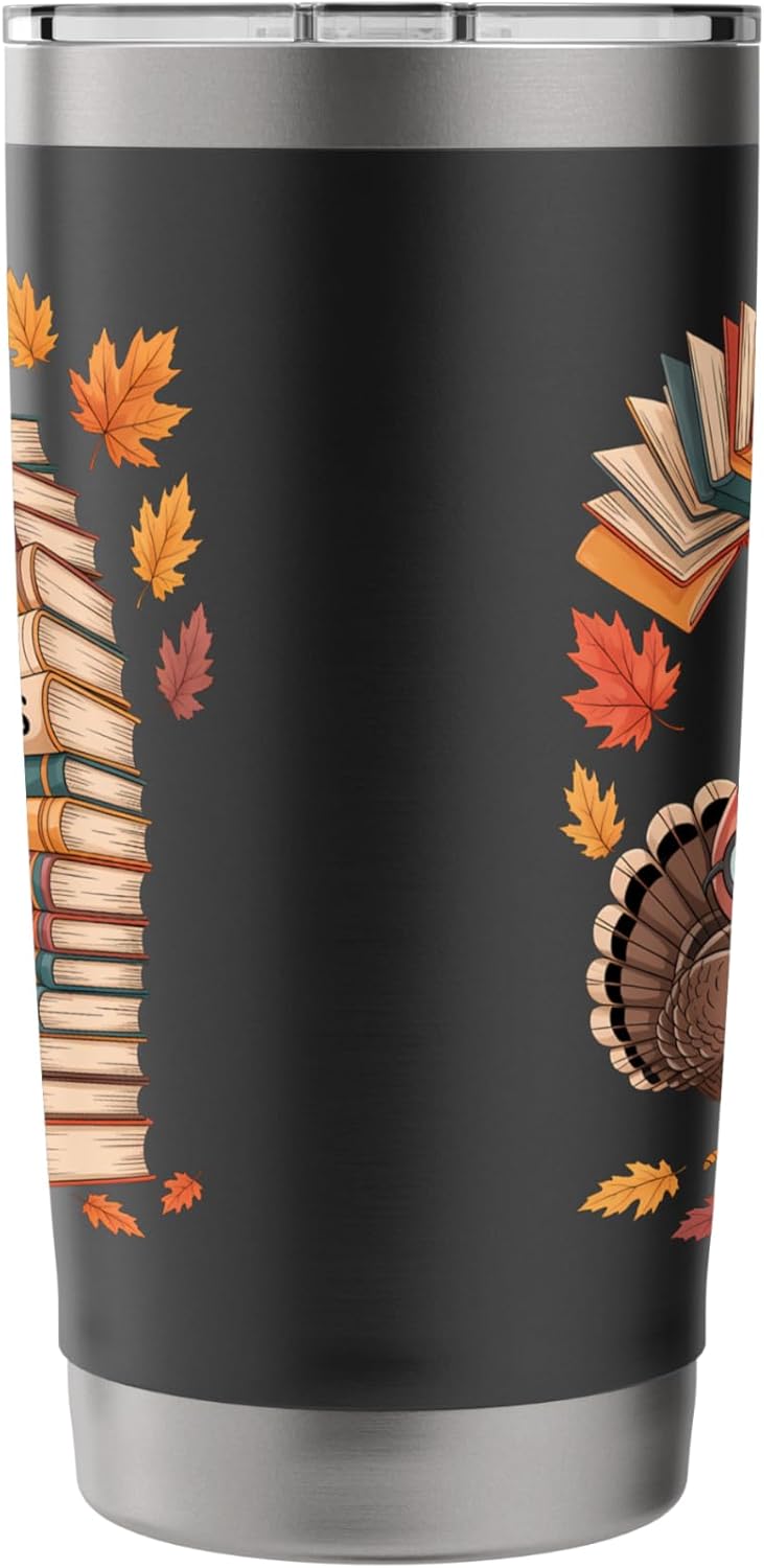 Fall Reads Turkey Book Stack Autumn Leaves Stainless Steel Insulated Tumbler