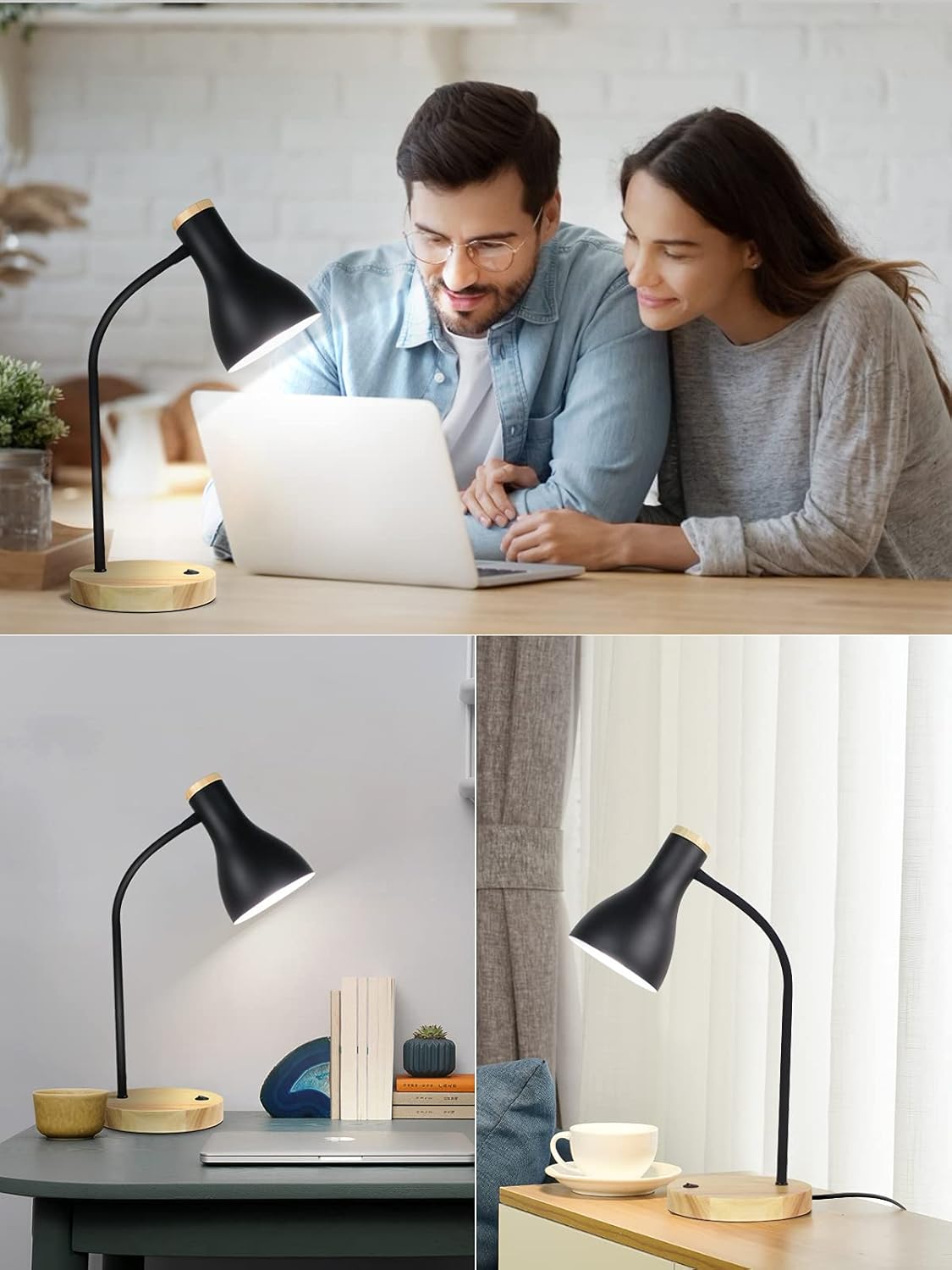 Metal Desk Lamp Table Lamp Reading Lights Arc Desk Lamps for Bedroom, Wood Base Bedside Lamp with Flexible Gooseneck for Study Room and Office (Wood Base+Black)