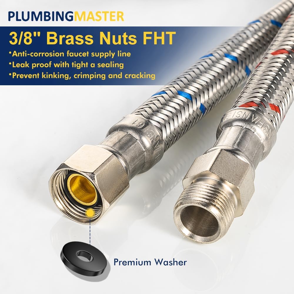 2 Pcs 12 Inch Faucet Supply Conector Extension, 3/8 OD Comp (Male) x 3/8 Comp (Female) Supply Line，Faucet Hose for Kitchen Bathroom