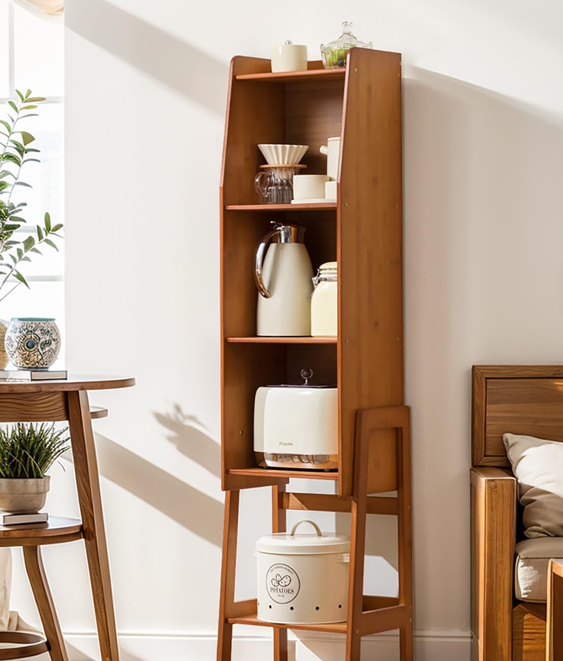 Bamboo Bookshelf, Home Office Narrow Bookshelf Kitchen Storage Rack Pantry Storage Cabinet for Small Space, Modern Open Book Shelves for Bedroom Organizer (Brown)