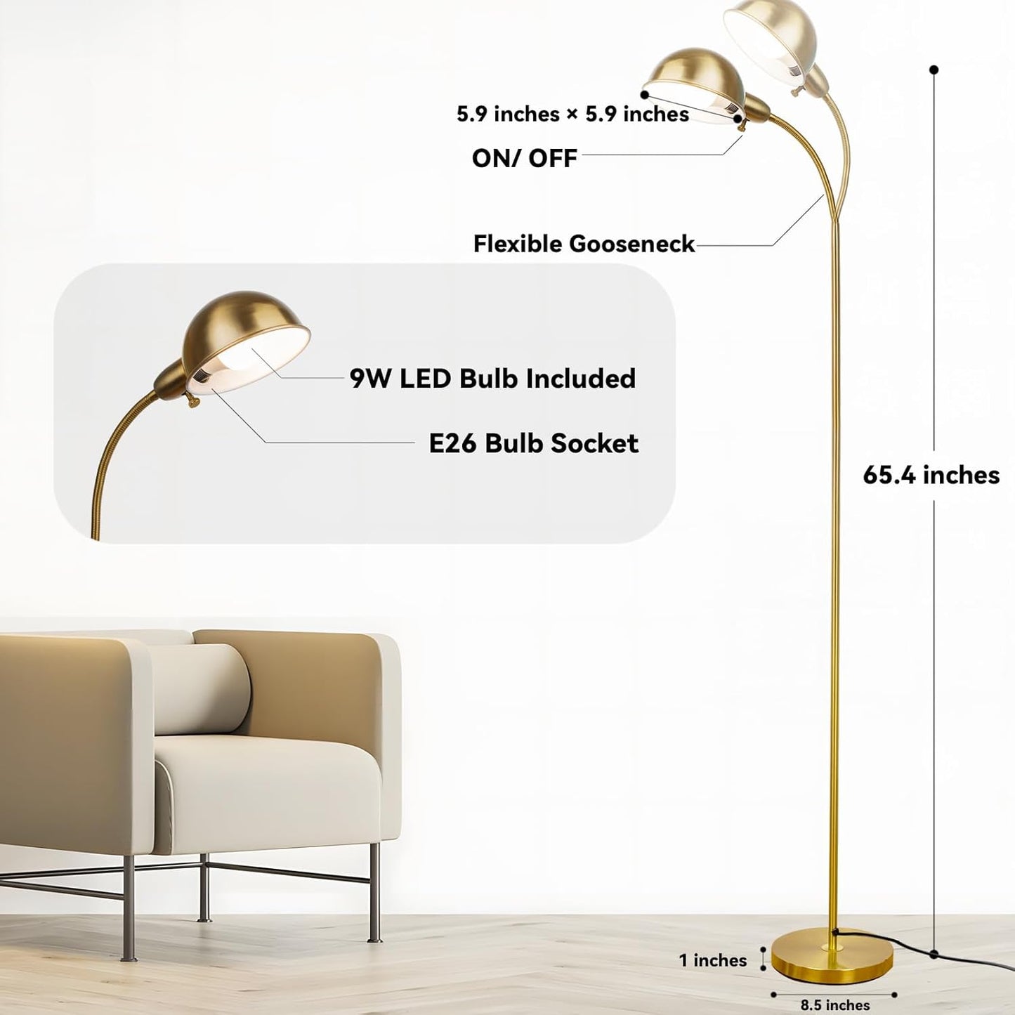 Dimmable Floor Lamp with Flexible Gooseneck and Rotatable Shade, Modern Style Standing Tall Lamp, E26 Socket, LED Reading Lamp (Gold)