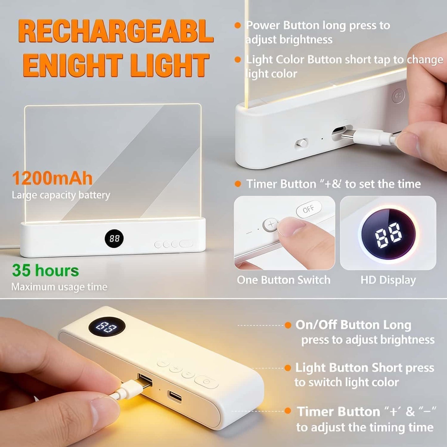 TWINPAIR LED Book Light for Reading, USB Rechargeable Flat Reading Lamp with Full Page Light, 3 Colors 2 in 1 Night Light,Dimming & Timer Reading Lights for Book Lovers, Students, Readers (White)