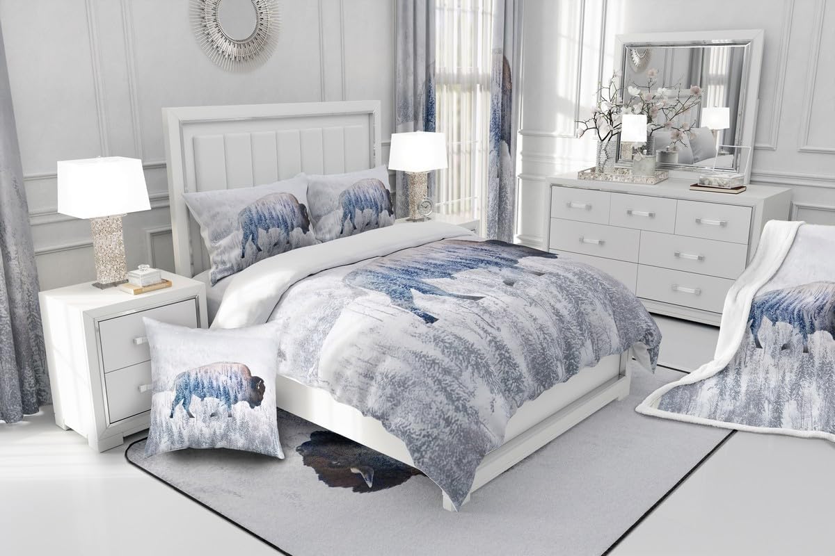 Feelyou Cute Buffalo Sherpa Blanket 40"x50" Wild American Bison Fleece Throw Blanket 3D Wild Animal Wildlife Snowfield Forest Winter Plush Blanket for Bed Sofa Couch Room Decor White Fuzzy Blanket