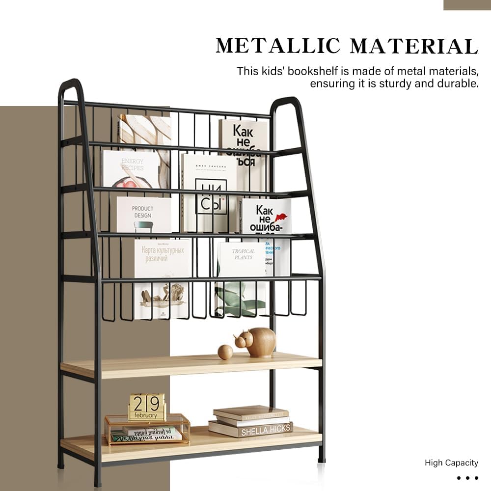 Bookshelf for Kids,Modern Magazine Rack Floor,Freestanding Bookcase for Books,Kids Picture Books,CD DVD & Vinyl Record Storage,Metal Display Shelf with Wooden Shelves(Black, L:31.5")