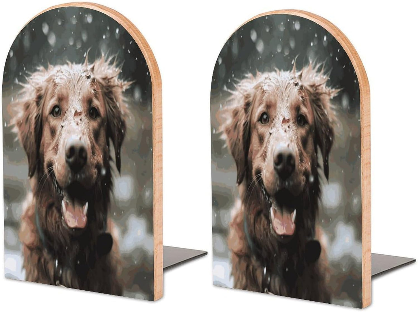 Non-Slip Bookend for Shelves Happy Dog in Rain Wooden Bookends with Metal Base Decorative Book Stopper for Home Heavy Duty Wood Book Storage for Books/CDs