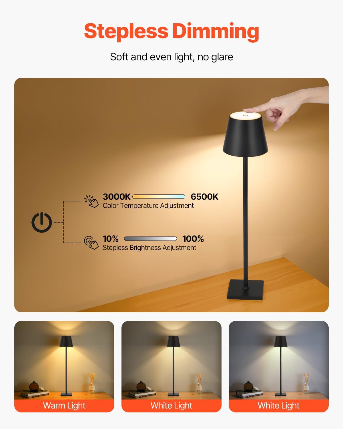 VEVOR Cordless Table Lamp, 2-Pack, 5200mAh Built-in Rechargeable Battery Desk Lamp, Stepless Dimming Up, 3 Adjustable Heights, Detachable Lampshade for Bottle, Restaurant, Bedroom, Outdoor, Black