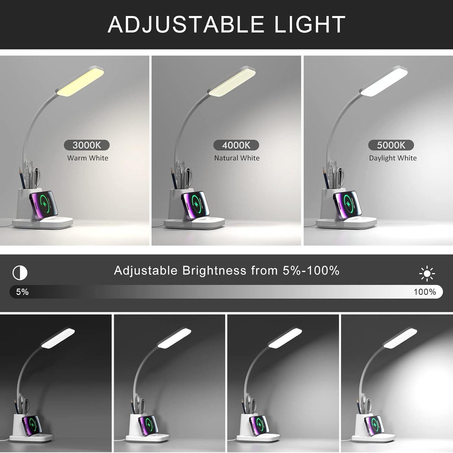 무선 충전기가 있는 책상 램프 - 홈 오피스용 LED 책상 램프, 펜 홀더 포함, 800LM, 3가지 색상 모드, 유연한 암, 가정 대학 기숙사 방용 눈 관리 화이트 테이블 램프