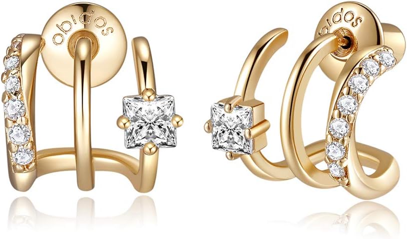 Obidos 14K Gold Plated Illusion Stud Earrings for Women | Triple Huggie Hoop Earrings for One Hole| Trendy Simple Hypoallergenic Fashion Accessories Gold Jewelry Gifts for Womens