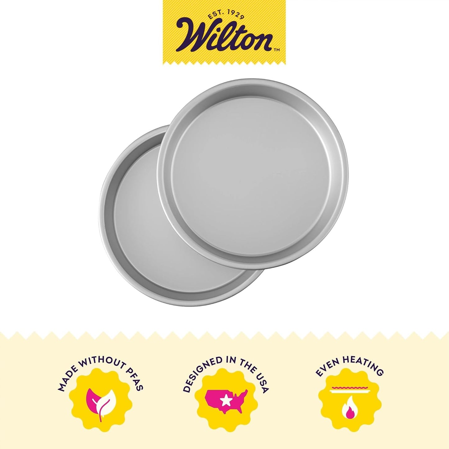 Wilton 2-Piece 9 x 2 Inch Round Cake Baking Pan Set, Even Heating Aluminum Bakeware for Tiered & Layered Cakes, Made without PFAS, Packaging May Vary