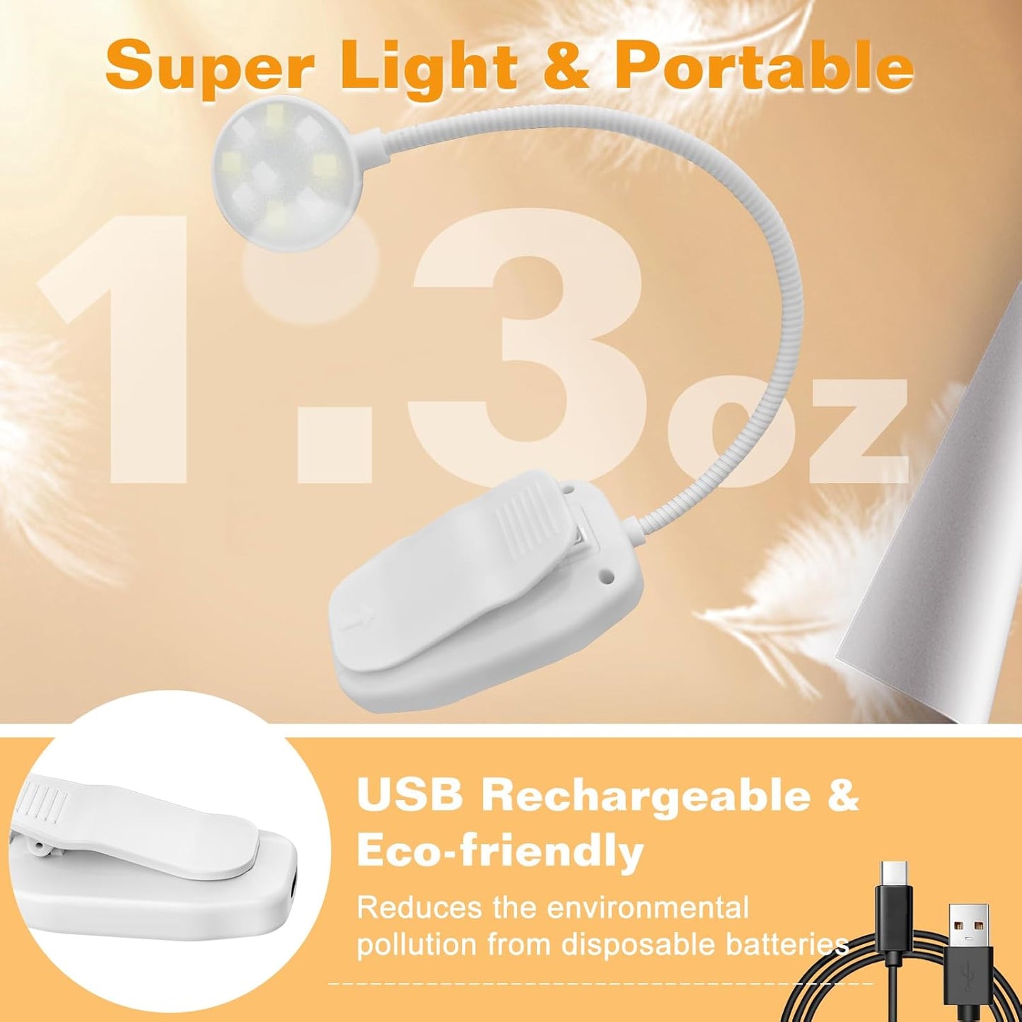 Rechargeable Clip-On Book Light, 10-LED Bed Reading Lamp with 3 Color & 3 Brightness, USB-C, Up to 30-Hour Runtime, 360° Gooseneck, Ultralight 1.4oz, Great Stocking Stuffers, Black & White