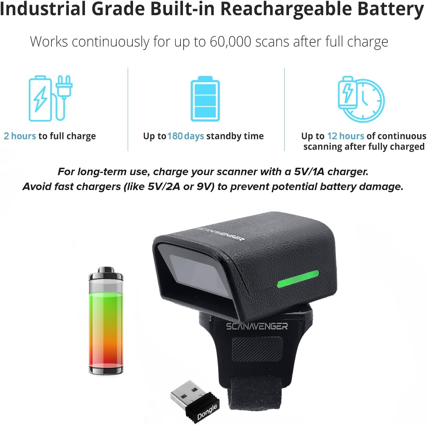 ScanAvenger 1D 2D QR Ring Barcode Scanner – Wearable Mini Bluetooth Wireless Finger Reader, USB & 2.4GHz, Compatible with iOS, Android, Windows, for Warehouse, Store & Inventory Use