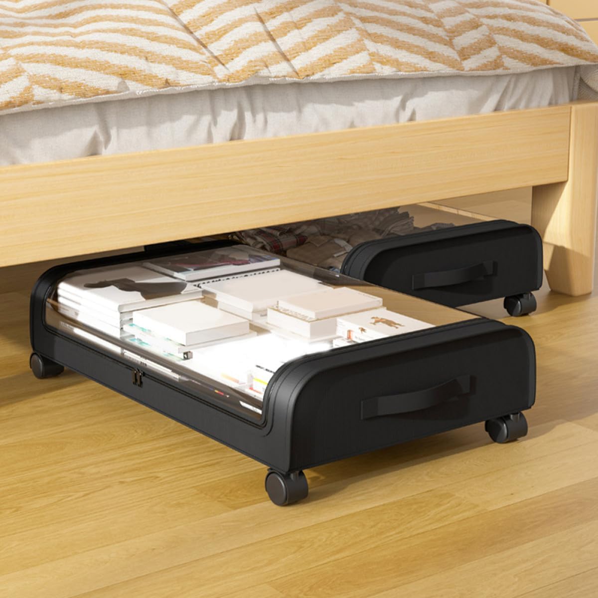 PRETYZOOM Bed Organizer Storage Box with Wheels, Lid, Black Plastic Sturdy Multi-functional Bedroom Storage Cart for Clothes and Books Dustproof