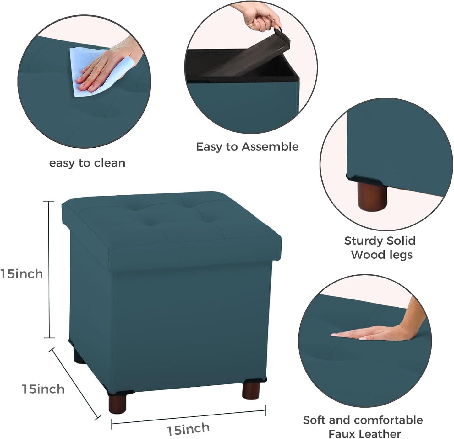 Storage Ottoman, Ottoman with Storage for Living Room Ottoman Square Tray Bedroom Cube Foot Rest Stool with Legs Small Ottomans Coffee Table Lid Foldable Footstool Faxu Leather 15"