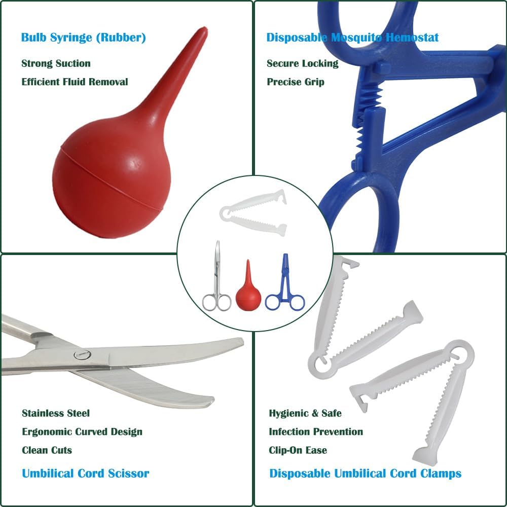 Animal Birth Kit with Curved Scissors | Disposable Umbilical Clamps, Hemostat, Bulb Syringe | Safe Delivery for Puppies, Kittens, Lambs, Piglets & Calves (Farm & Home Use) (Red - Rubber)
