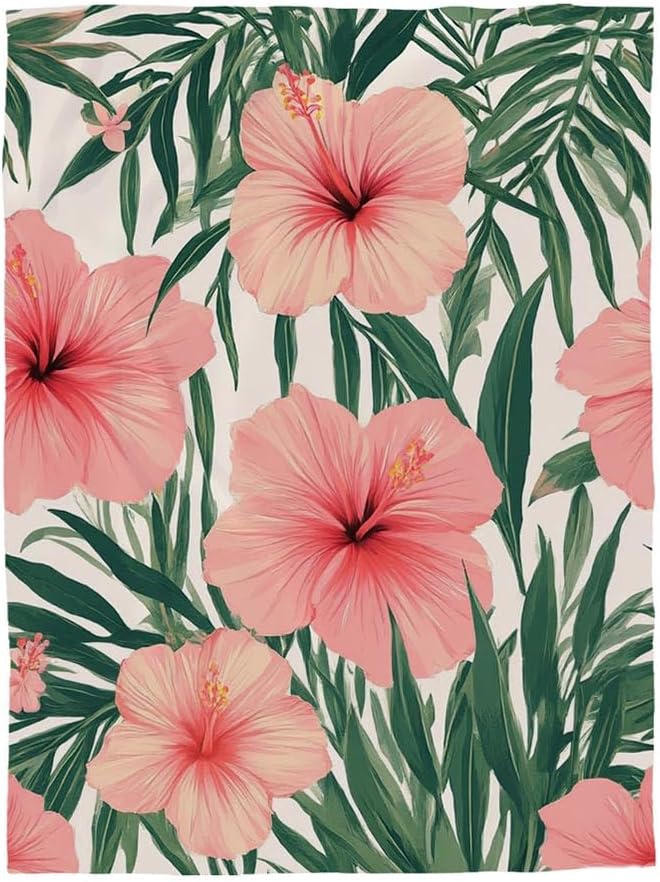 Mugod Exotic Floral Throw Blanket Tropical Flower Pink Hibiscus Palm Leaves Dark Green Decorative Soft Warm Cozy Flannel Plush Throws Blankets for Baby Toddler Dog Cat 30 X 40 Inch