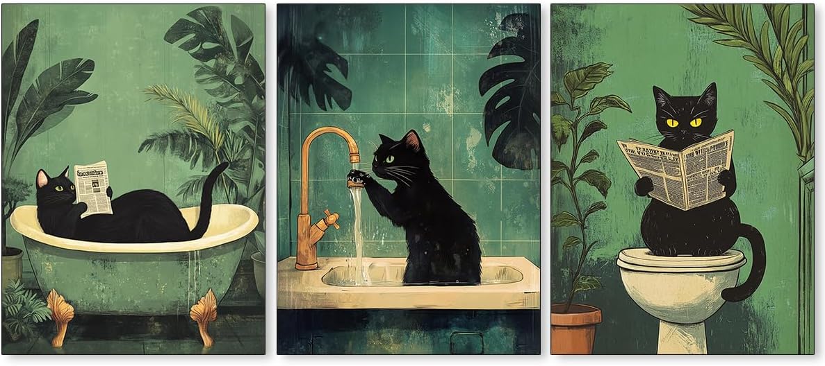 FuSatisYilife Fun Bathroom Black Set of 3 Cat Wall Art Funny Cat Wash Its Paws Reading Newspaper Poster Retro Animal in Bathtub Canvas Prints for Restroom Toilet Wall Decor 08x10 inch Unframed