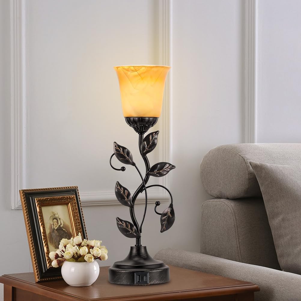 Vintage Bedside Touch Control Table Lamp 3 Way Dimmable, Amber Glass LED Reading Nightstand Light with 2 USB Charging Ports, Farmhouse Bronze Finish Leaf Desk Lamp for Living Room Bedroom