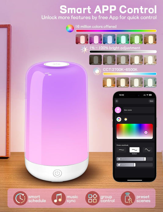 Smart Touch Bedside Table Lamp [Multi-Color & Warm Lights], 3600mA Cordless Small Table Lamp Rechargeable, 7 Colors & Fully Dimmable LED Night Lights for Bedroom Nightstand Nursery Living Room