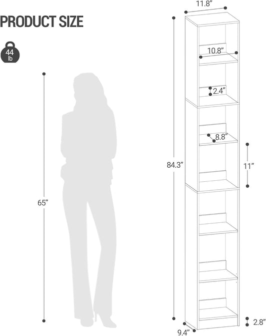 Bookcase, Tall Narrow Bookshelf, Open Display Storage Shelf, Skinny Cube Book Shelf with Adjustable Shelves, CD Rack for Living Room, Home Office 7-Tier(9.4 x 11.8 x 84.3 inch) White BC79703X