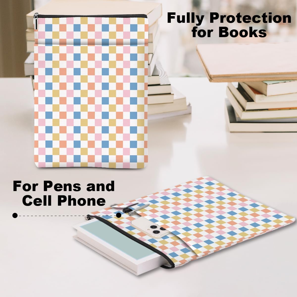 Retro Plaid Book Lovers Gifts Book Sleeve Vintage Checkered Waterproof Book Cover Book Pouch Book Protector with Front Pocket Book Club Christmas Birthday Gifts for Women Girl Mom Book Accessories