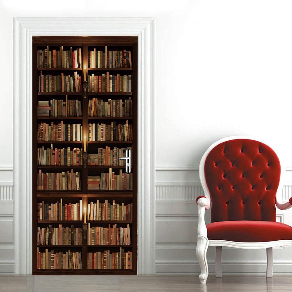 TUOKING Door Sticker, Peel and Stick Vinyl Door Decals, Self-Adhesive Mural for Home Decor, 30.3" W x 78.7" L, Set of 2 Sheets, Bookshelf