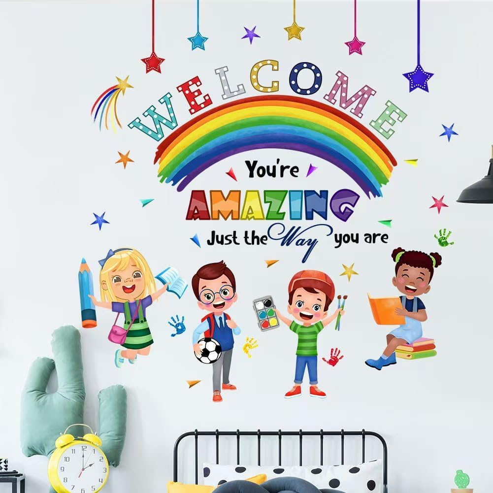Kids Inspirational Quotes You are Amazing Wall Decal Reading Corner Rainbow Wall Stickers for Classroom Kids Playroom Nursery Reading Room Bedroom