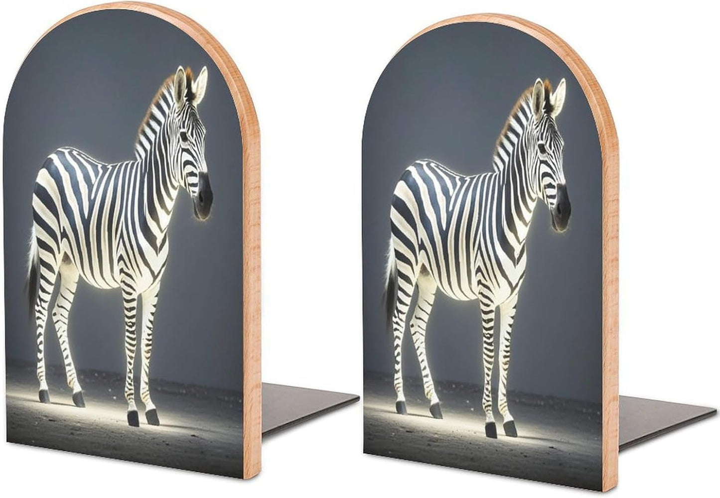 Glowing Zebra Bookends 1 Pair Heavy Duty Book Ends for Shelves Non-Skid Bookend Supports Wooden Book Holders with Metal Base Desk Organizers Books Storage to Hold Books