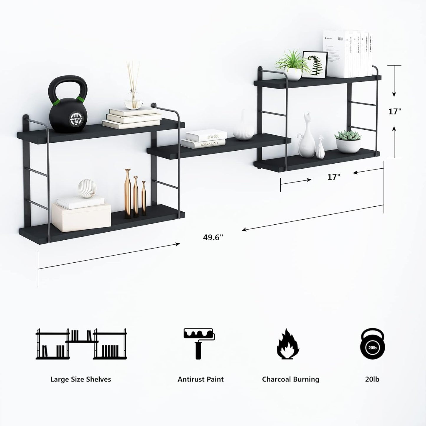 Wall Shelves, Wall Mounted Bookshelves, DIY Floating Shelves for Wall, Wood Hanging Book Shelves for Room, Bedroom, Living Room, Easy Installation (Black, 50W x 17H)