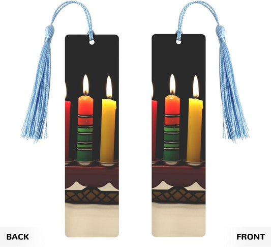 Kwanzaa Candles Metal Bookmarks Handmade Double-Sided Printed Book Marks Page Markers with Sky Blue Tassels Book Accessories Gift for Book Lovers Women Men