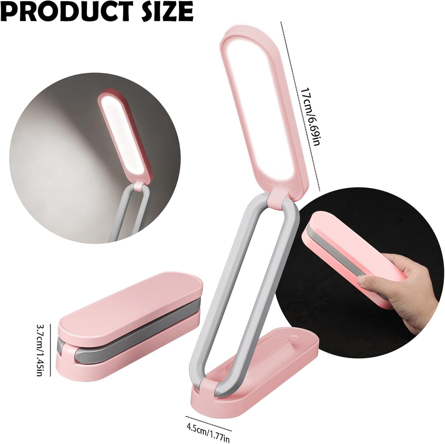 Rechargeable LED Desk Lamp, Foldable Portable Table Light with 3 Brightness Levels,Type-C USB Charging,Small Desk Lamp,Portable Bedside Wireless Reading Light,Home, Office, Nail Art,Craft,Pink