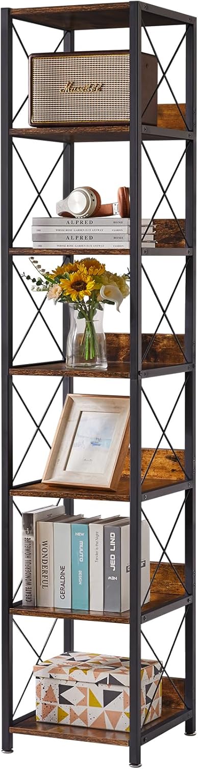 IBUYKE 6-Tier Tall Narrow Bookcase,Wood Corner Shelf Storage Display Rack for Small Spaces,Free Standing Open Bookshelf Square Shelf Tower for Home Office Living Room Bathroom, Rustic Brown UTBC001H