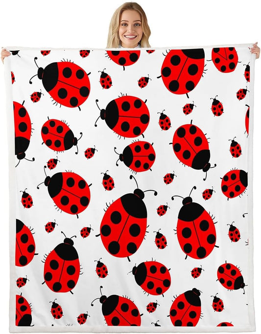 Feelyou Ladybug Sherpa Blanket 3D Ladybug Printed Fleece Throw Blanket for Kids Boys Girls Flying s Plush Blanket Entomology Decor for Sofa Bed Couch,Throw 50x60 Inch