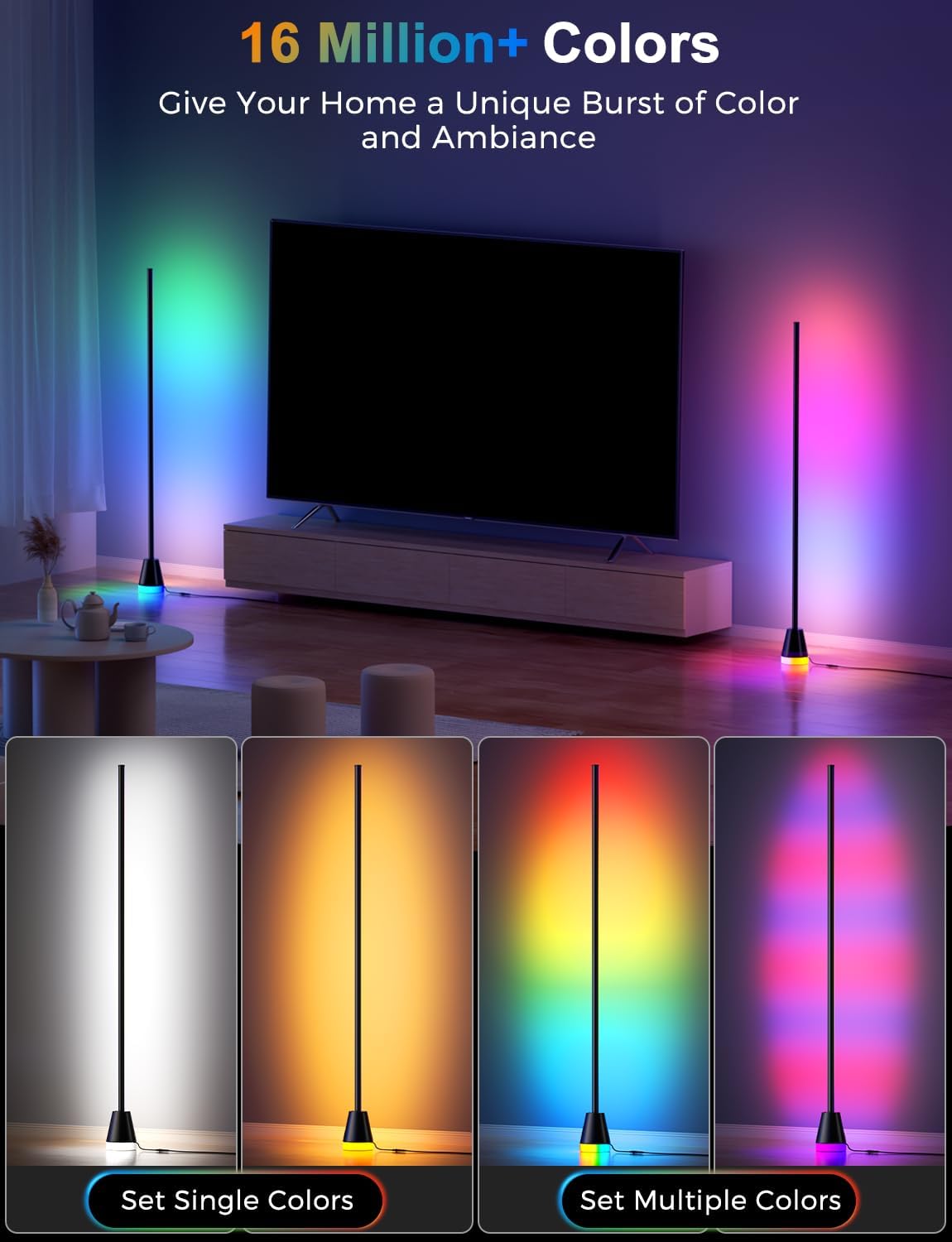 RGB Floor Lamp, Smart LED Corner Lamp for Living Room Bedroom, 16 Million DIY Colors Standing Lamp with Music Sync App & Remote Control, Cool Modern Mood Light Ambient Lighting, Black